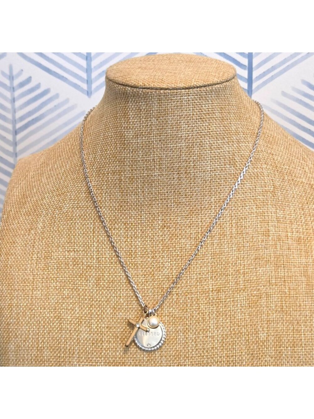Lucky Brand Silver Tone Blessed Christian Cross Faux Pearl Pendant Necklace